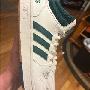 adidas White Sneakers with Teal Stripes